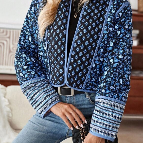 Multicolor Preppy Womens Floral Print Reversible Open Front Winter Coat - Picture 5 of 5